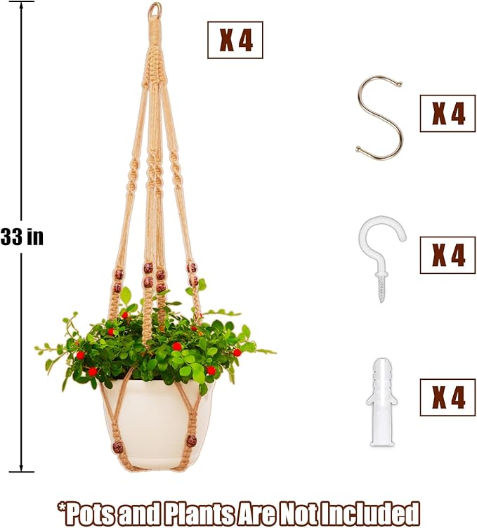 Macrame Plant Hanger Indoor Set,Hanging Planters for Indoor Plants Outdoor,Hanging Plant Holder Basket Pot with 8 Hooks,Boho Home Decor Crochet Beads Window Ceiling,No Tassels 4 Pack,Brown petonfun