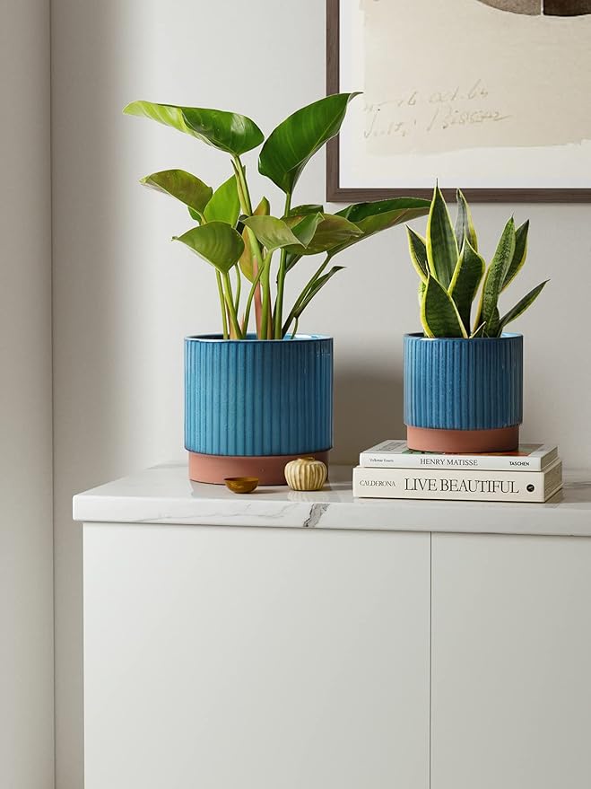 LE TAUCI Ceramic Pots for Plants, 8+6.7+5.5 Inch Plant Pots Indoor, Flower Pot with Drainage Holes, Medium Cylinder Planters for Indoor House Plants, Set of 3, Blue LETAUCI