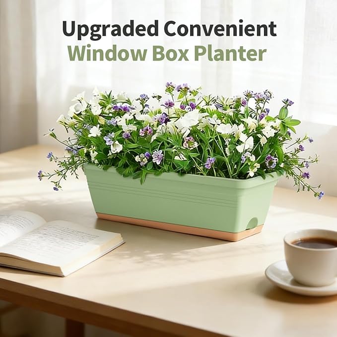 Window Box Planter, 6 Pack Plastic Vegetable Flower Window Planters Boxes 16 Inches Rectangular Flower Pots with Drainage Holes and Saucers (Mixcolor) LesOasis
