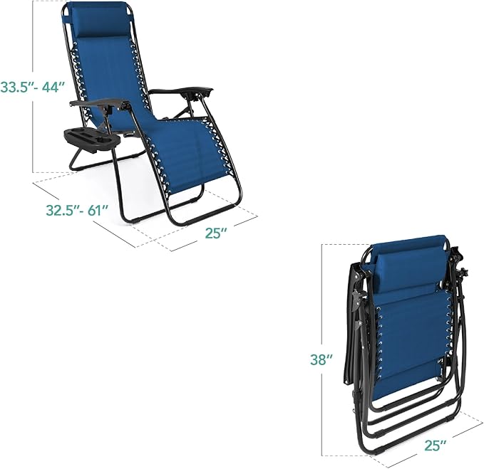 Best Choice Products Set of 2 Adjustable Steel Mesh Zero Gravity Lounge Chair Recliners w/Pillows and Cup Holder Trays - Marine Blue/Black BestChoiceProducts