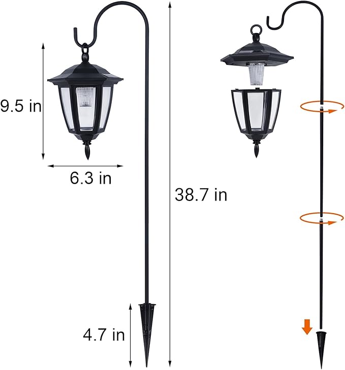 Dynaming 2 Pack Solar Hanging Lights Outdoor, Solar Powered Garden Decorative Lanterns with 2 x 38 Inch Shepherd Hooks, Waterproof Landscape Lighting for Lawn Patio Yard Pathway Driveway, Warm White Dynaming