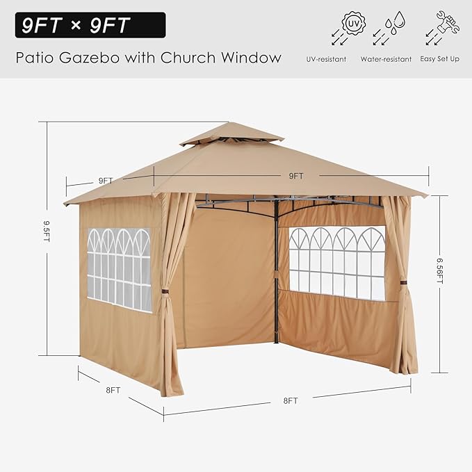MASTERCANOPY Patio Gazebo Steel Frame Outdoor Gazebo with Windows Curtains (9x9, Beige) MASTERCANOPY