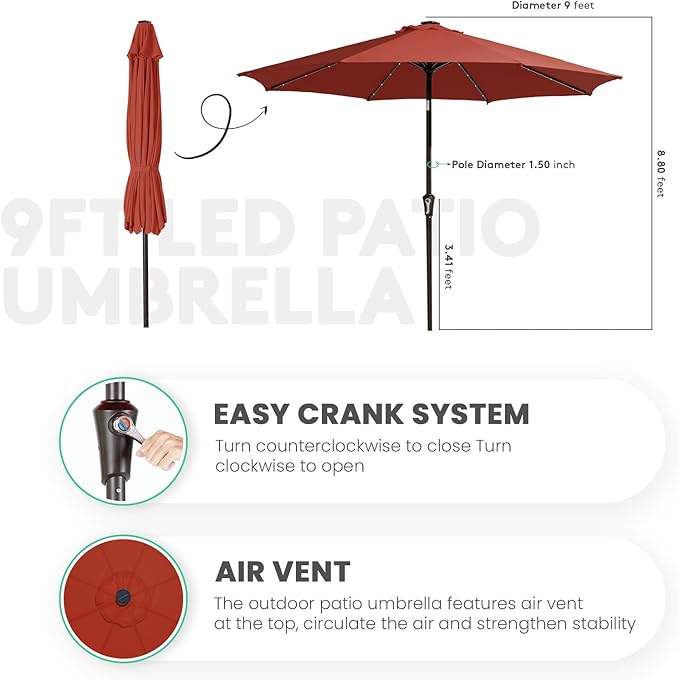 JEAREY 9FT Outdoor Patio Umbrella with Solar Lights, LED Lighted Pool Umbrella with Tilt and Crank, Outdoor Table Umbrellas for Deck, Yard & Market (Red) JEAREYOutdoorsCollection
