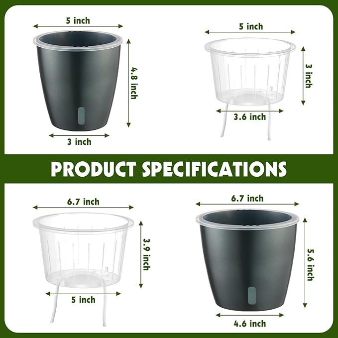 Self Watering Pots for Indoor Plants, 6-Pack 5'' Self Watering Planter with Drainage Holes, Small African Violet Pots with Water Indicator, Clear Wick Orchid Pot, Grey Gold KvyusFlourish