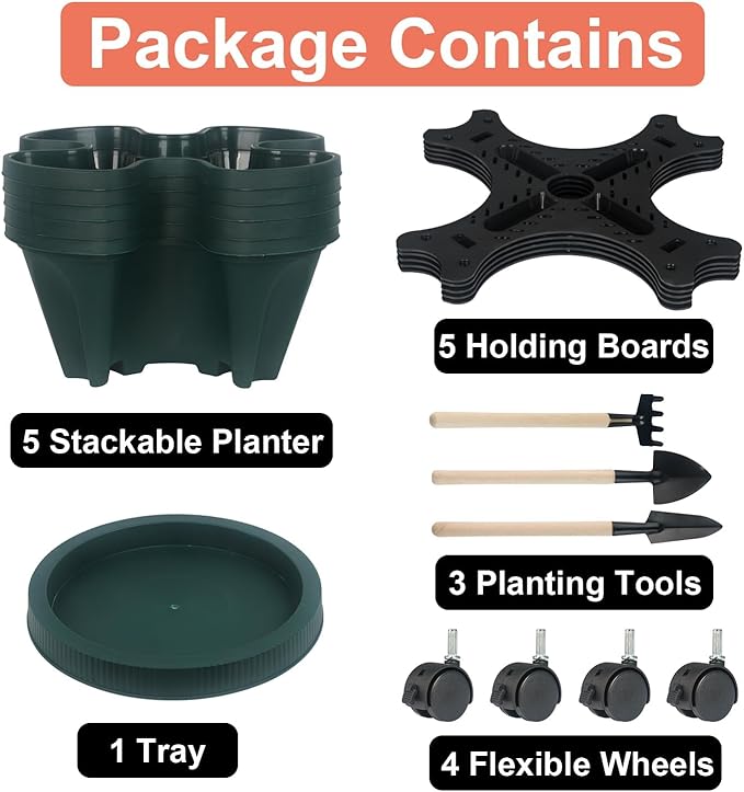 GameXcel Vertical Planter 5 Tier Stackable Planters Garden Planters Strawberry Herb Flower and Vegetable Planter Indoor Outdoor Gardening Pots with Removable Wheels and Tools - Green GameXcel