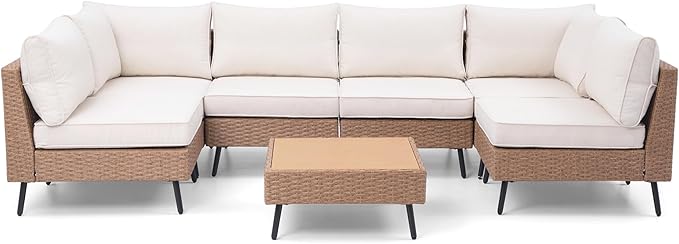 LAUSAINT HOME Outdoor Patio Furniture, 7 Piece Outdoor Sectional Sofa PE Rattan Wicker Patio Conversation Sets, All Weather Patio Furniture Set with Thick Cushions for Garden, Backyard(Beige) LAUSAINTHOME