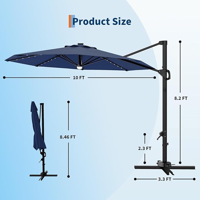 Garvee 10 ft Cantilever Patio Umbrella with Solar Lights, 360° Rotation Offset Umbrella, Easy Crank & Tilt Adjustment, UV Protection for Backyard, Poolside, Deck -Navy Blue Garvee
