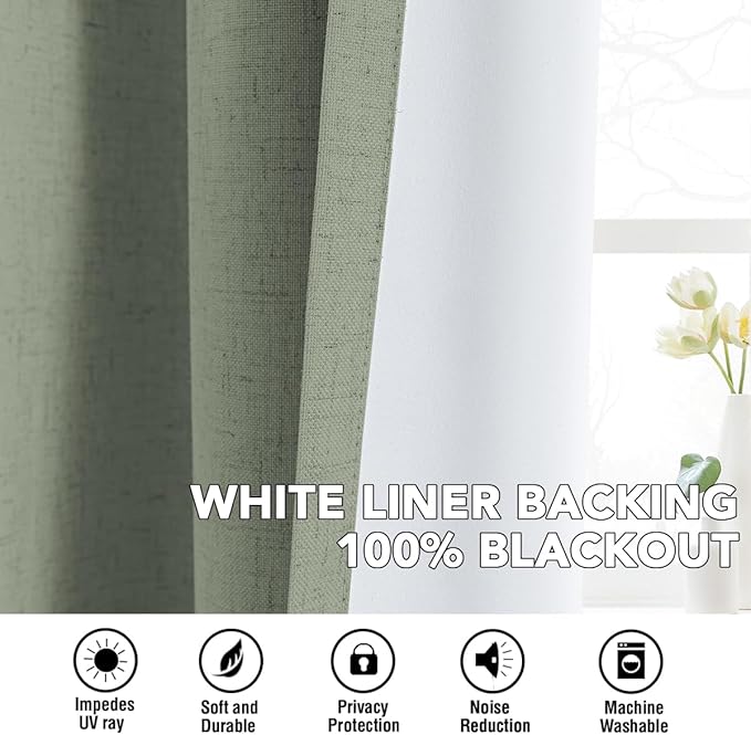 H.VERSAILTEX Linen Curtains 100% Blackout Curtains for Bedroom 45 inch Long Full Light Blocking Nature Linen Blended Window Curtains for Living Room Nickel Grommet (2 Panels, Heathered Dried Sage) HVERSAILTEX