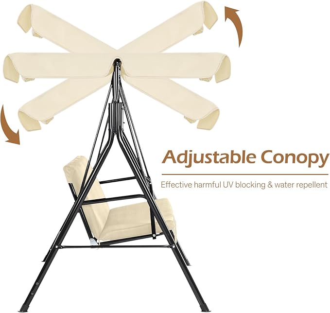 AECOJOY Porch Swing with Stand, 3-Seat Outdoor Clearance Porch Swings for Adults, Outdoor Patio Swing with Adjustable Canopy & Removable Cushion for Backyard, Garden, Balcony, Beige AECOJOY
