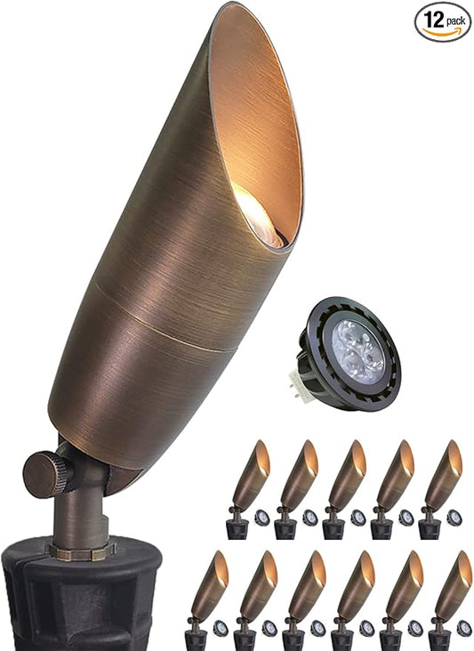 MALORY Solid Brass Landscape Spotlight 12-Pack with Bulb(S06), Low Voltage Front and Backyard Landscape Lighting with Large Rugged Slot Spike & Wire Connector,12V AC/DC Garden Patio Spot Up Light MALORY