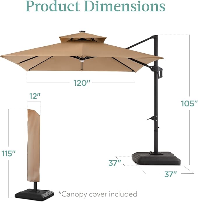 Best Choice Products 10x10ft Cantilever Patio Umbrella w/Base Included, Solar LED Lights 360 Rotation Large Offset Hanging Outdoor Shade for Deck Pool Backyard w/Stand – Tan BestChoiceProducts