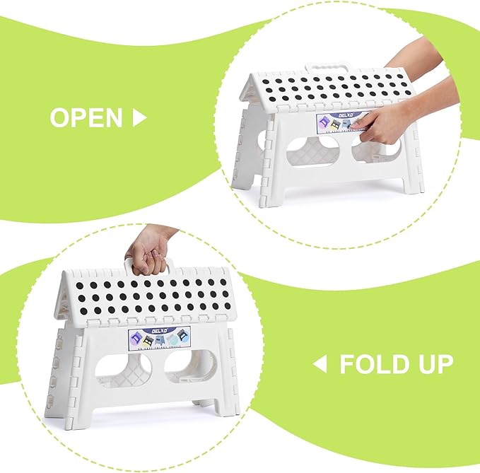 Delxo 9 Inch Folding Step Stool for Kids and Adults,15-Inch Extra Wide Height Large Platform Heavy Duty Stepping Stool More Safe and Comfortable Non Slip Foldable Step Stool White Delxo