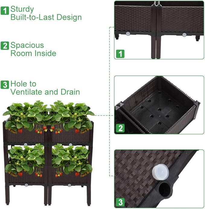 VINGLI Square Raised Garden Bed, Self-Watering Plastic Planter for Indoor Outdoor Vegetables, Fruits, Potato, Flowers, All Weather (4 Pcs) VINGLI