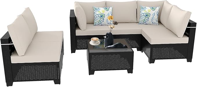 Outdoor Wicker Patio Furniture Set, Rattan Sectional Sofa Set with Thick Cushions (Coffee/Beige, 7 Piece Sofa Set) Ophelian