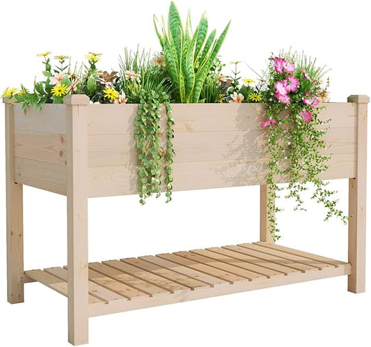 BIRASIL Outdoor Wood Raised Garden Bed, Elevated Reinforced Large Planter Box with Storage Shelf for Vegetable Flower Backyard Patio Gardening Balcony (48”L, Natural Wood) BIRASIL