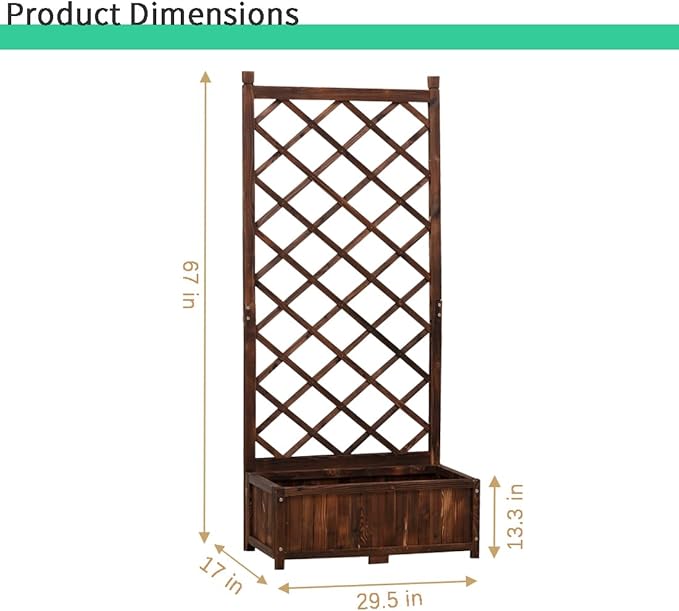 Anraja Raised Garden Bed with Trellis Wooden Planter Box Outdoor Wood Privacy Screen for Climbing Plant Planting Flower Patio Tomato Vegetable Herb Balcony Porch 29.5" L x 17.0" W x 67.0" H Anraja