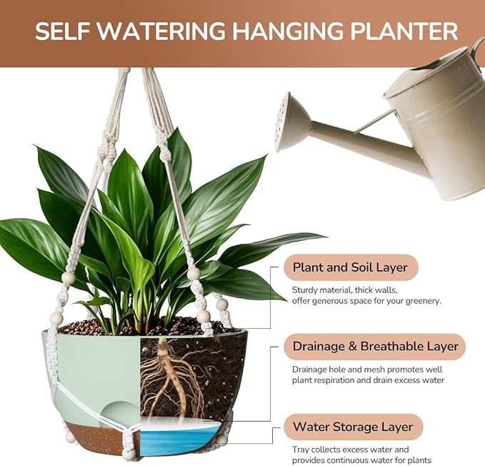 12 Inch Hanging Baskets for Plants Outdoor, Hanging Planters for Indoor Outdoor Plants, Hanging Planter with Self Watering, Hanging Flower Pots (Green Planter with Macrame + Iron Hangers) LesOasis