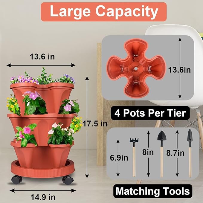 Vertical Planter 3 Tier Stackable Planters Garden Planters Strawberry Herb Flower and Vegetable Planter Indoor Outdoor Gardening Pots with Removable Wheels and Tools GameXcel