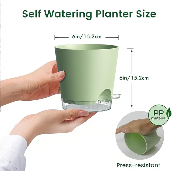 6 inch Self Watering Pots for Indoor Outdoor Plants, 6 Pack Flower Plant Pots with Drainage Holes and Clear Reservoirs, Visible Water Level, Plastic Planters with Wicking Rope, Green Meowell