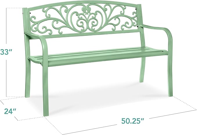 Best Choice Products Outdoor Bench Steel Garden Patio Porch Furniture for Lawn, Park, Deck w/Floral Design Backrest, Slatted Seat - Mint Green BestChoiceProducts