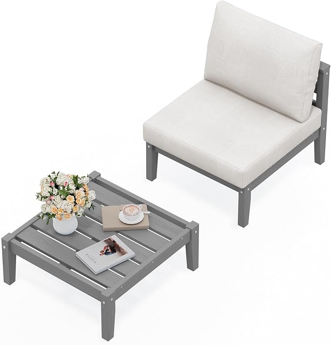 SERWALL HDPE Patio Furniture Set, 2 Pieces Outdoor Sectional Sofa Set, All-Weather Wood-Like Outdoor Sofa Couch with Coffee Table for Deck, Lawn, Grey Frame with Khaki Cushion SERWALL