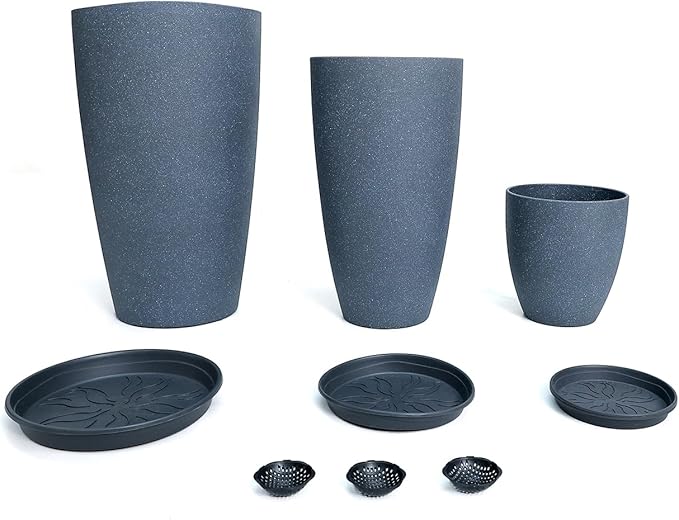 24/21/11 Inch Tall Planter Pots Garden Plastic Planters - Set of 3 for Indoor & Outdoor Use - Decorative Lightweight Flower Pots (Dark Grey) MinCHI257