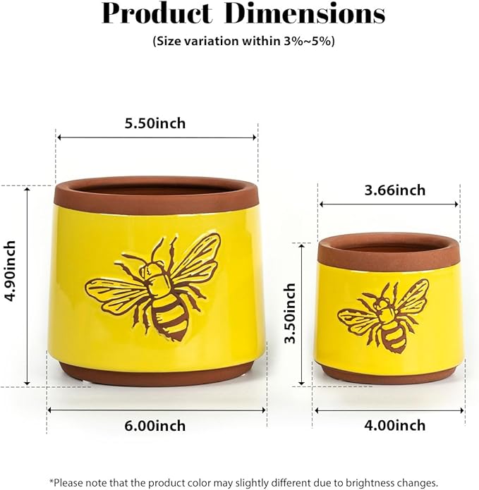 YBX Terracotta Pots Inch with Drainage Holes, Bee Decor, Ceramic Pots for Indoor Plants Flower Pots Outdoor, Succulent, Herbs, Snake Plants (Yellow, 6+4 Inch) YBXYIBOXUAN