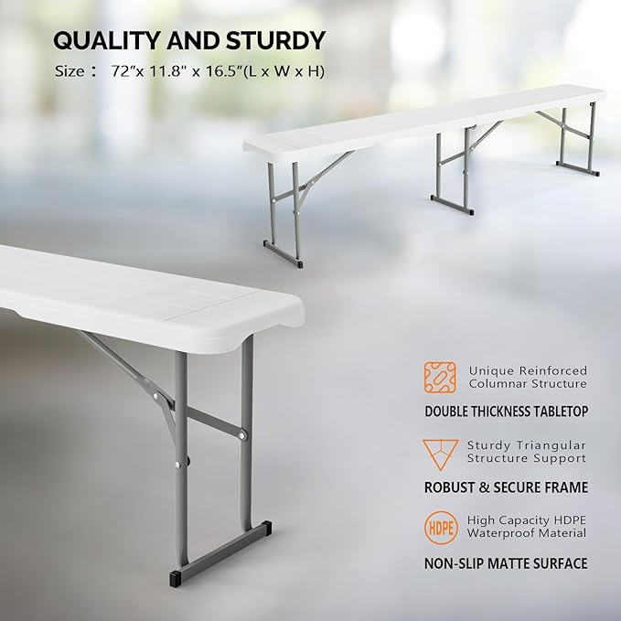 VINGLI 6 feet Plastic Folding Bench,Portable in/Outdoor Picnic Party Camping Dining Seat, Garden Soccer Multipurpose Entertaining Activities, Smooth HDPE Tabletop, 1 Pack, White VINGLI