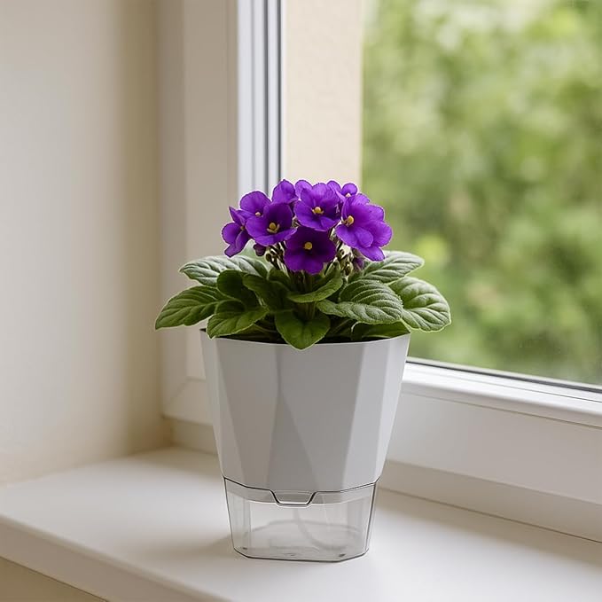 2 Pack Self Watering Pots for Plants, 8.4" Self Watering Planters Large African Violet Self Watering Clear Pots for Plants Large Herb Orchid Flower Houseplant Pots, Light Grey Planterhoma