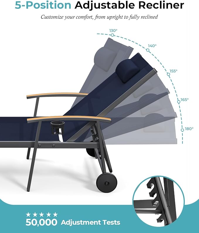 Ciokea Outdoor Lounge Chair with Pillow Set of 2, 5-Position Aluminum Chaise Lounge with Wheels & Armrests, 400 lbs Heavy Duty Patio Pool Chair for Backyard, Deck, Beach & Poolside, Navy Blue CIOKEA