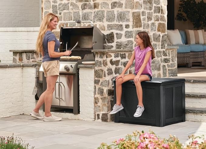 Rubbermaid Medium Resin Outdoor Storage Deck Box (74 Gal) Weather Resistant Brown Deck Organization for Home/Backyard/Pool Chemicals/Toys/Garden Tools/Porch/Patio Cushions Rubbermaid