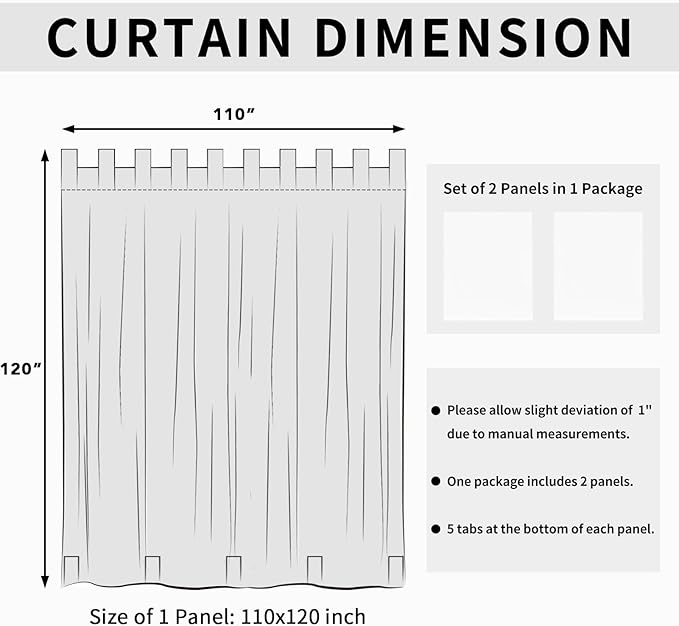 Easy-Going Outdoor Patio Curtains Detachable Tab Top Windproof Weatherproof Curtain for Cabana, Porch, Pergola and Gazebo, Tab Bottom Drape, 2 Panels, 110W x 120L inch, White Easy-Going