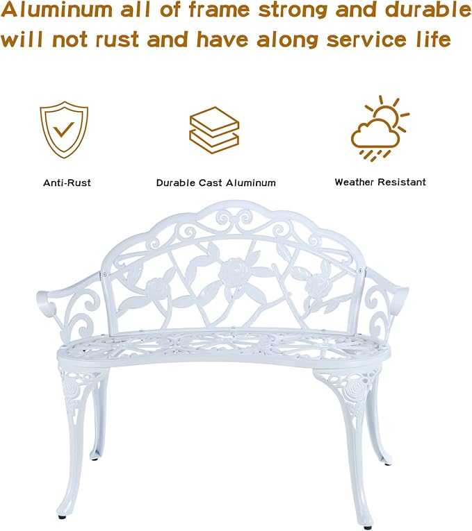 JARDIN DE CENTENNIAL Patio Garden Bench Metal Park Bench Cast Aluminum Outdoor Furniture with Floral Rose for Patio,Park,Lawn,Yard (White) JARDINDECENTENNIAL