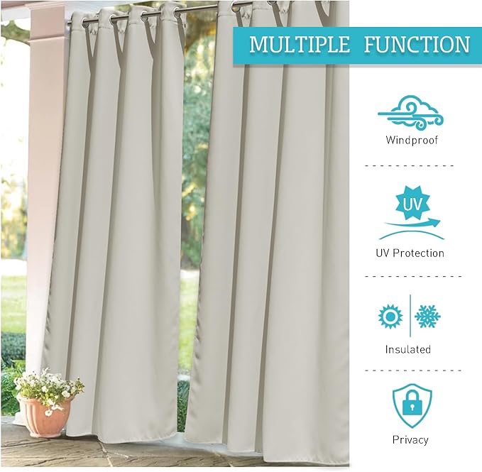 RYB HOME Extra Wide Outdoor Curtains for Patio Waterproof Heavy Duty Thermal Insulated in Summer Full Coverage Privacy for Porch, Cabana & Pool, W120 x L84, Natural, 1 Panel RYBHOME