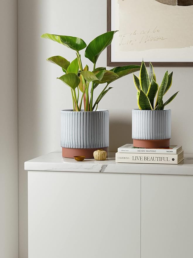 LE TAUCI Ceramic Pots for Plants, 8+6.7+5.5 Inch Plant Pots Indoor, Flower Pot with Drainage Holes, Medium Cylinder Planters for Indoor House Plants, Set of 3, Reactive Glaze White LETAUCI