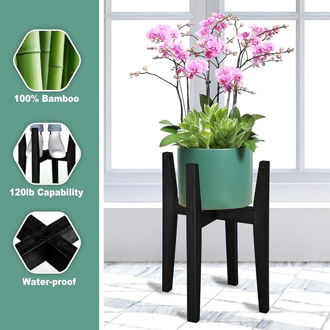 Plant Stand Indoor, Bamboo Plant Shelf, Adjustable Corner Plants Flower Holders Single Floor Plant Stand, Fits 8 to 12 Inches Pots,(Pot & Plant Not Included)(Black) PlantsHomeFun