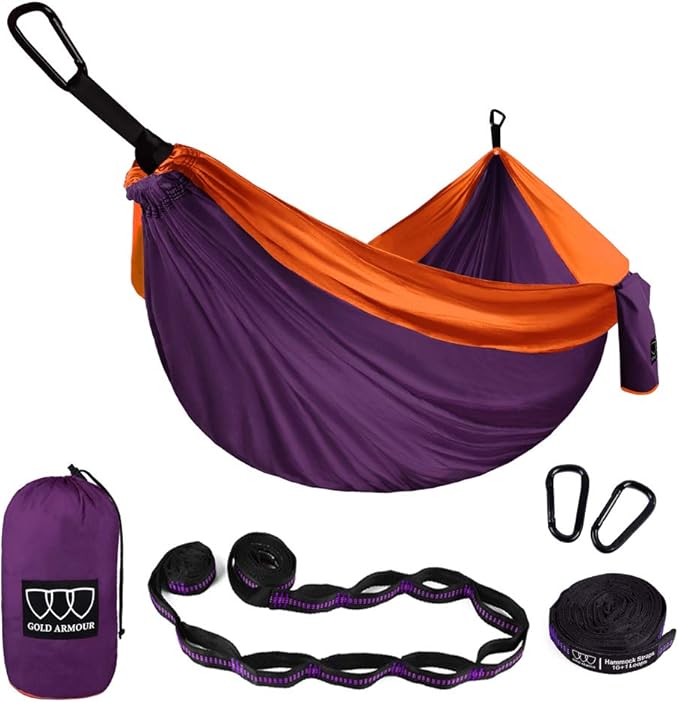 Gold Armour Camping Hammock - XL Double Hammock Portable Hammock Camping Accessories Gear for Outdoor Indoor with Tree Straps, USA Based Brand (Purple and Orange) GoldArmour