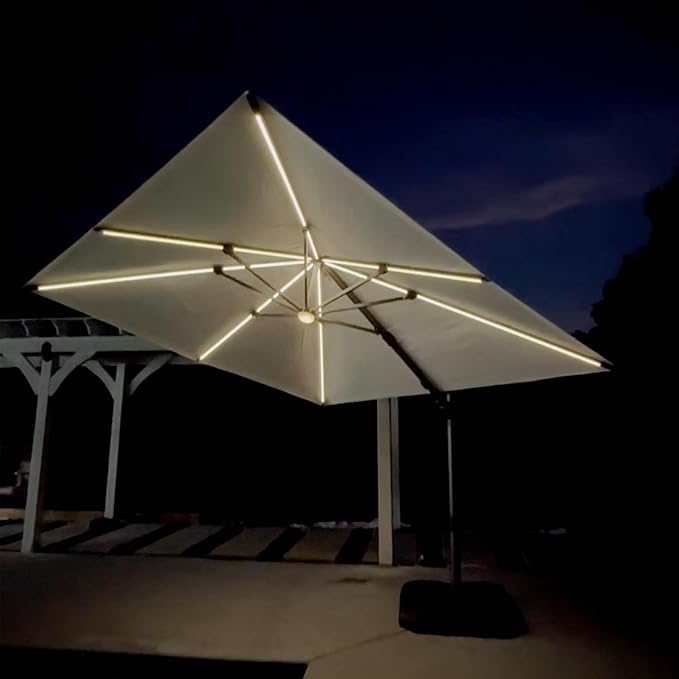 PURPLE LEAF 10 Feet Patio Umbrella with Base Outdoor Cantilever Solar Powered LED Swivel Square Umbrella Aluminum Offset Umbrella with 360-degree Rotation for Garden Deck Pool Patio White PURPLELEAF