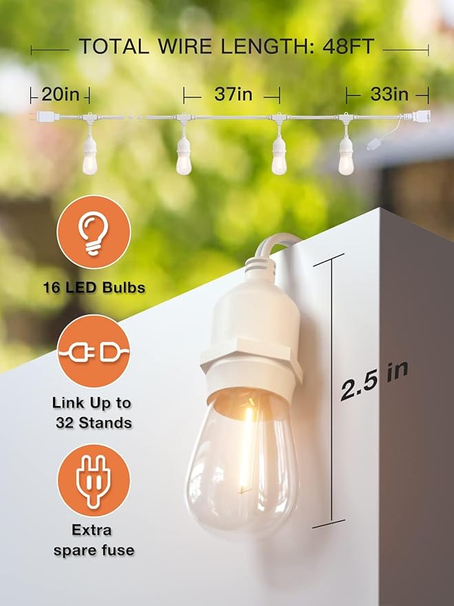 addlon 96FT(48FT*2) LED Outdoor String Lights, Dimmable Edison Vintage Shatterproof Bulbs and Commercial Grade Weatherproof Strand - ETL Listed Heavy-Duty Decorative Cafe, Patio, Market Light White addlon