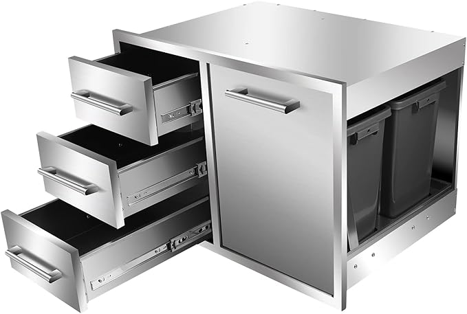 Outdoor Kitchen Drawer Combo, BBQ Access Trash Drawer Combo with Triple Stainless Steel Drawers(Left), Outdoor Kitchen for BBQ Island, Grilling Station, Outside Cabinet (28" W x 19.6“D x 20.1" H) Globamboo