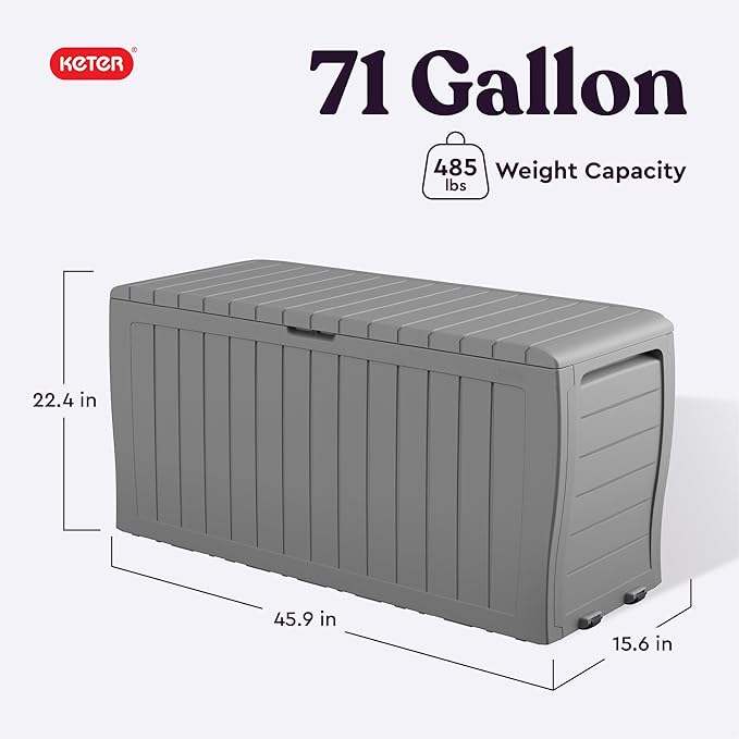 Keter Marvel Plus 71 Gallon Resin Outdoor Storage Box for Patio, Balcony & Garden – Weather‑Resistant Deck Box for Cushions, Pillows, Pool Floats & Tools, Light Grey Keter