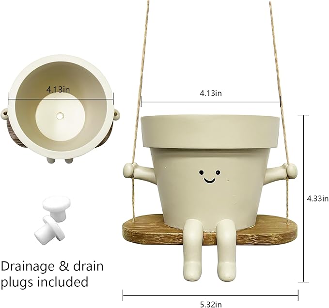 Hanging Planter Swing Face Plant Pot - Cute Resin Head Planters with Drainage Hole Indoor Outdoor Plant Holder, Succulent/String of Pearls Flower Pots, Unique Sitting Sway Pots, Gift Ideas for Mother Scuyari