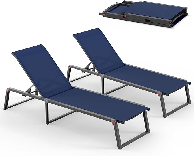 Aluminum Chaise Lounge Outdoor Set of 2, Foldable & Assembly Free Patio Pool Lounge Chairs 5-Position Recliner for Outside Poolside, Fully Grounded Legs Sun Lounger for Beach, Yard, Navy Blue Oasbira