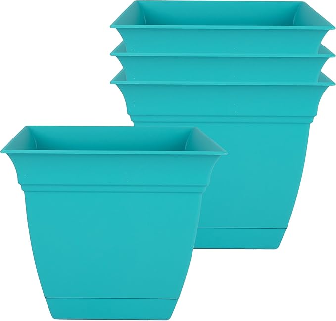 The HC Companies 6 Inch Eclipse Square Planter Pots with Drainage Holes & Attached Saucer, Lightweight UV-Resistant Plastic Indoor Outdoor Planters, 4-Pack Flower Pots for Garden & Home Decor, Teal TheHCCompanies