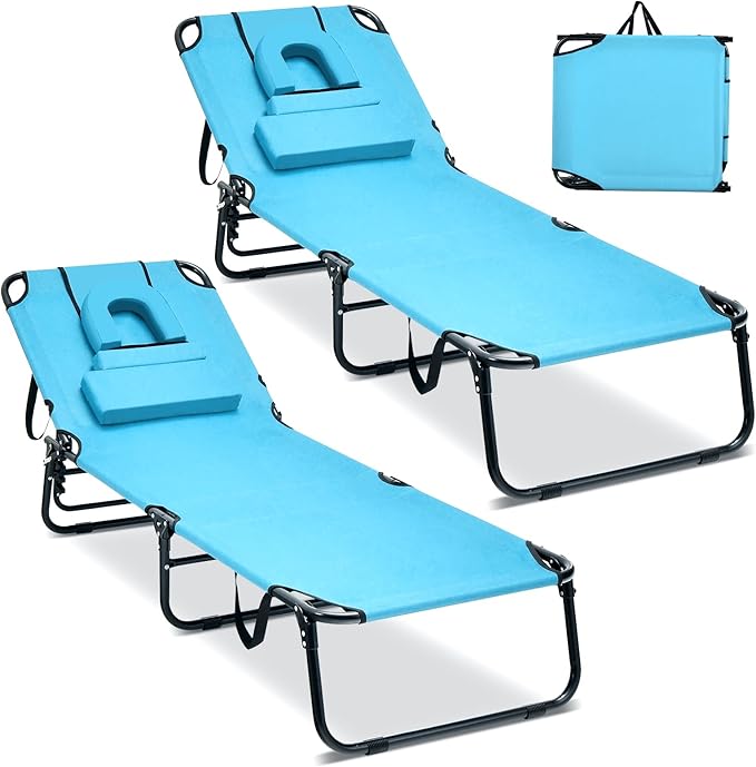 GYMAX Tanning Chair, 350lbs Beach Lounge Chair with Face Hole, Washable Pillow & Carry Strap, Adjustable Folding Chaise Lounge, Layout Lounger for Outside, Patio, Poolside, Lawn (2, Arctic) GYMAX
