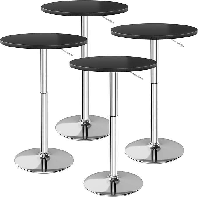 Flamaker Round Bistro Pub Table 23.6 Inch Height Adjustable 360° Swivel Bar Table Metal Base for Pub, Dining Room, Party (4, Black-Silver) Flamaker