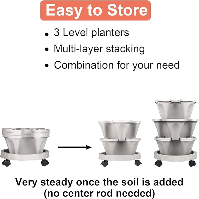 DUNCHATY Stackable Planter, Vertical Garden Planter with Wheels and Tools, Self Watering Strawberry Planter Indoor/Outdoor 3 Tier Herb Planter Pots for Growing Vegetables and Succulents,Gray DUNCHATY