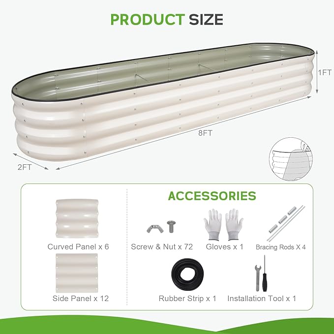 Galvanized Raised Garden Bed - 8×2×1ft Planter Raised Beds for Gardening | Oval Metal Garden Planter Box with Safety Edging and Bracing Rods for Vegetables Fruits and Flowers (White) BIRDSINYARD