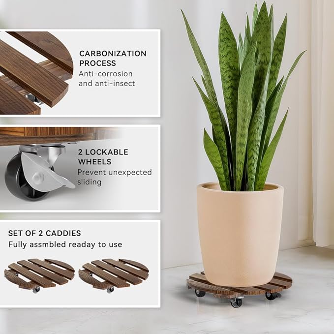 2 Pack Plant Stand Indoor and Outdoor, 12IN Premium Wooden Plant Caddy with Wheels, Heavy Duty Plant Stands with 360° Lockable Wheels, Classic Plant Cart Rootora