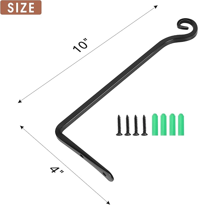 Jardim 2 Pack 10 Inch Premium Decorative Metal Iron Wall Hangers for Home Decor, Indoor Outdoor Plant Bracket Rustic Hanging Gardening Hooks for Planters, Bird Feeders, Lanterns, Wind Chimes (Black) Jardim